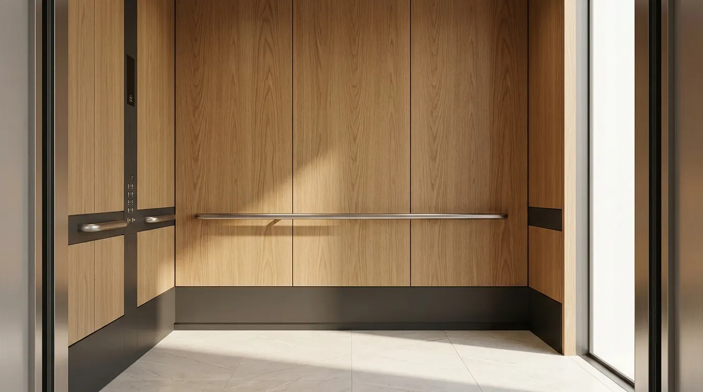 Interior de cabina de elevador corporativo renovado con acabado efecto madera
