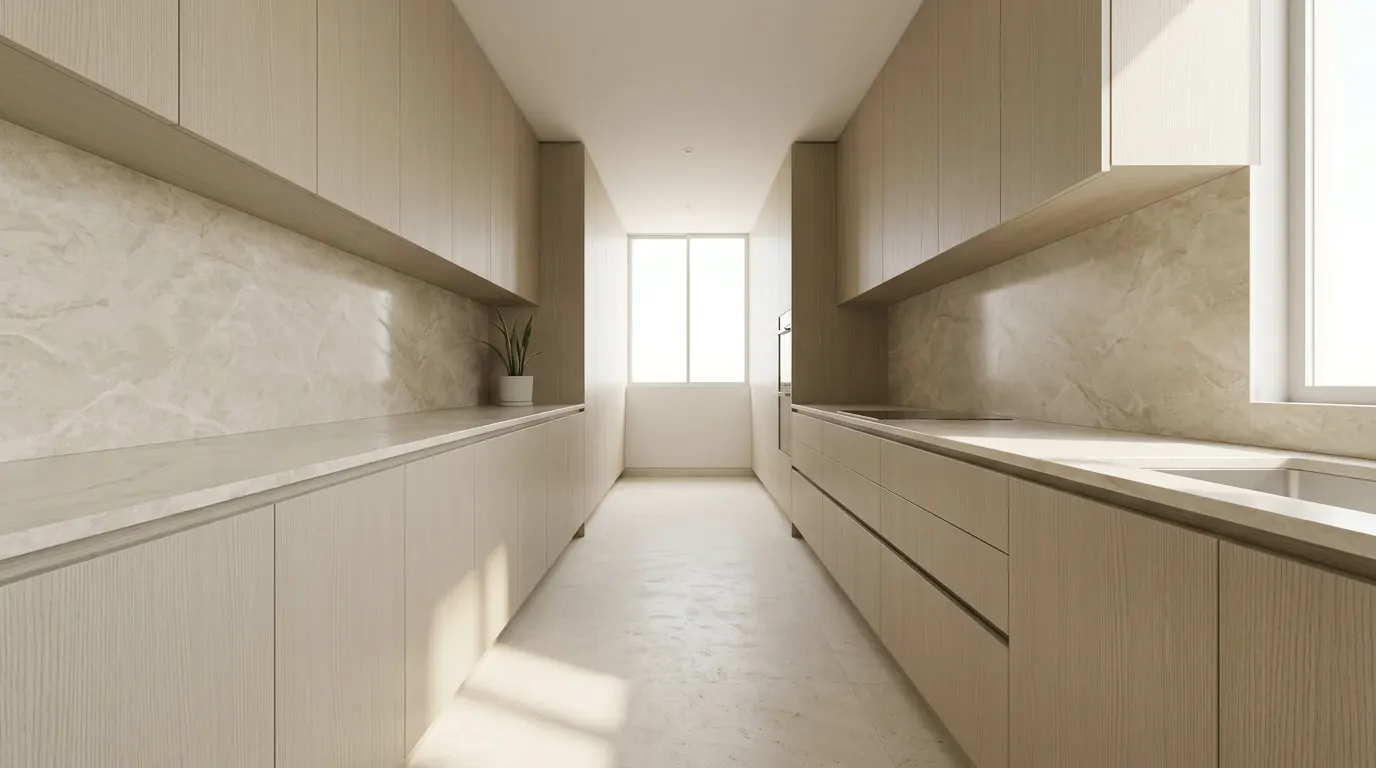 Cocina tipo pasillo con frentes en acabado madera clara y salpicadero en mármol blanco mate