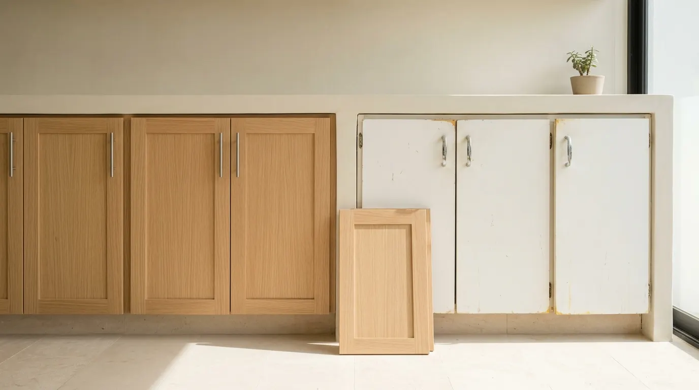 Cocina de restaurante con frentes de gabinete renovados en acabado madera oscura