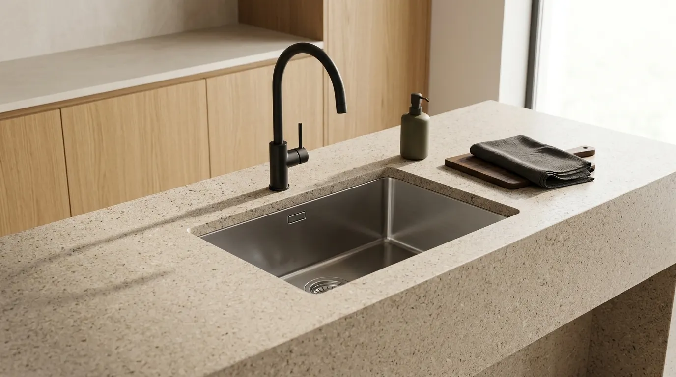 Instalador aplicando película arquitectónica autoadhesiva en la cubierta de una cocina, junto al borde de la tarja