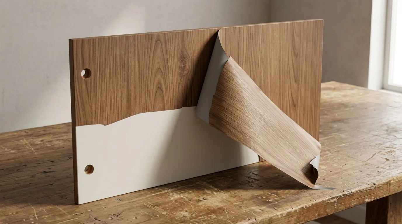 Instalador retirando lámina autoadhesiva de una puerta de cocina con espátula de nylon