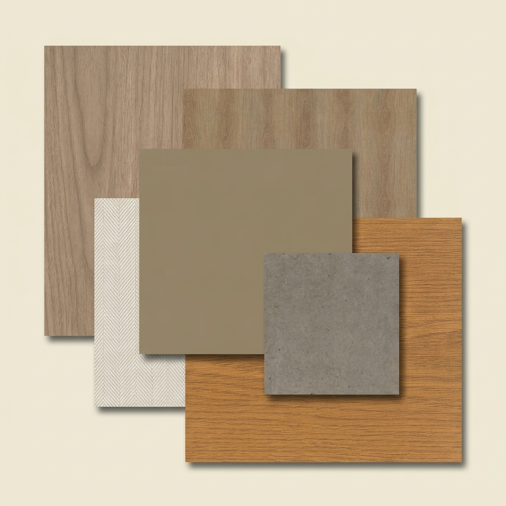 Moodboard de vinilo arquitectónico Cover Styl' en tonos cálidos: roble nogal AF08, roble duro NF66, chevron beige NG11, khaki K4, cemento taupe U21 y honey limba CT10