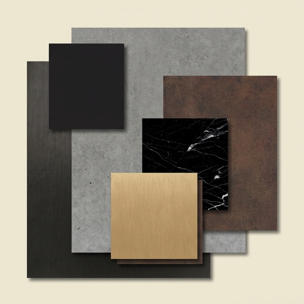 Moodboard de vinilo arquitectónico Cover Styl' en tonos oscuros: negro rico J2, nero marquina U50, negro carbón NE81, oro suave NE47, cemento oscuro U20 y corten W6
