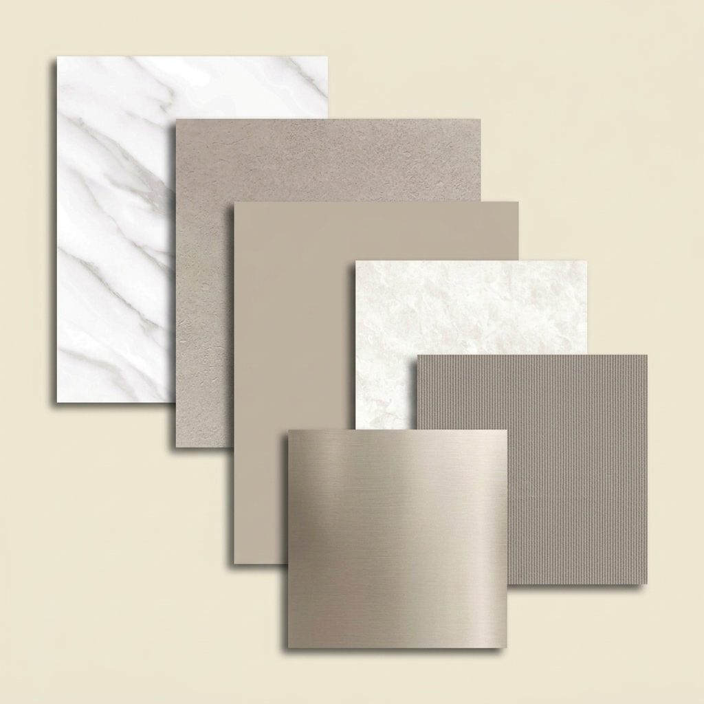 Moodboard de vinilo arquitectónico Cover Styl' en tonos neutros: blanco estatuario NE31, cemento gris NH54, gris crema K7, mármol crema NG04, malla beige ST02 y plata champagne NE51